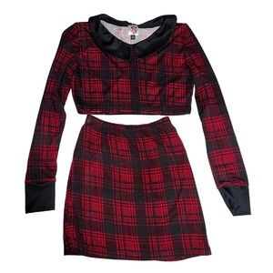 Eye Candy Red and Black Plaid Long Sleeve Crop Top and Skirt Set Size XS